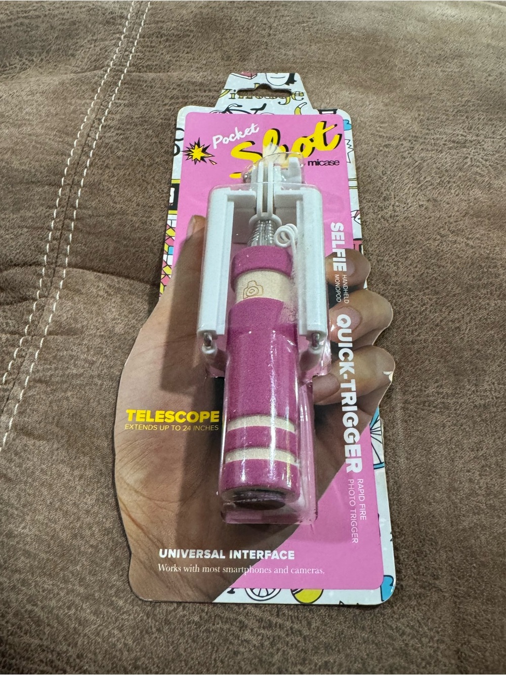 Pocket Shot Pink Selfie Stick with Quick Trigger